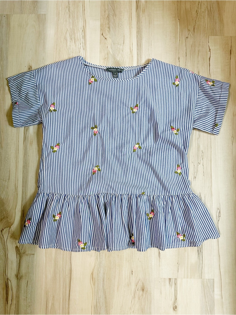 Striped Blue Peplum Blouse with Pink Floral Embroidery